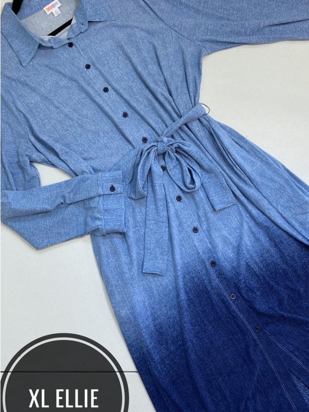LuLaRoe Ellie Ombre Blue Button Midi Dress with Tie Waist